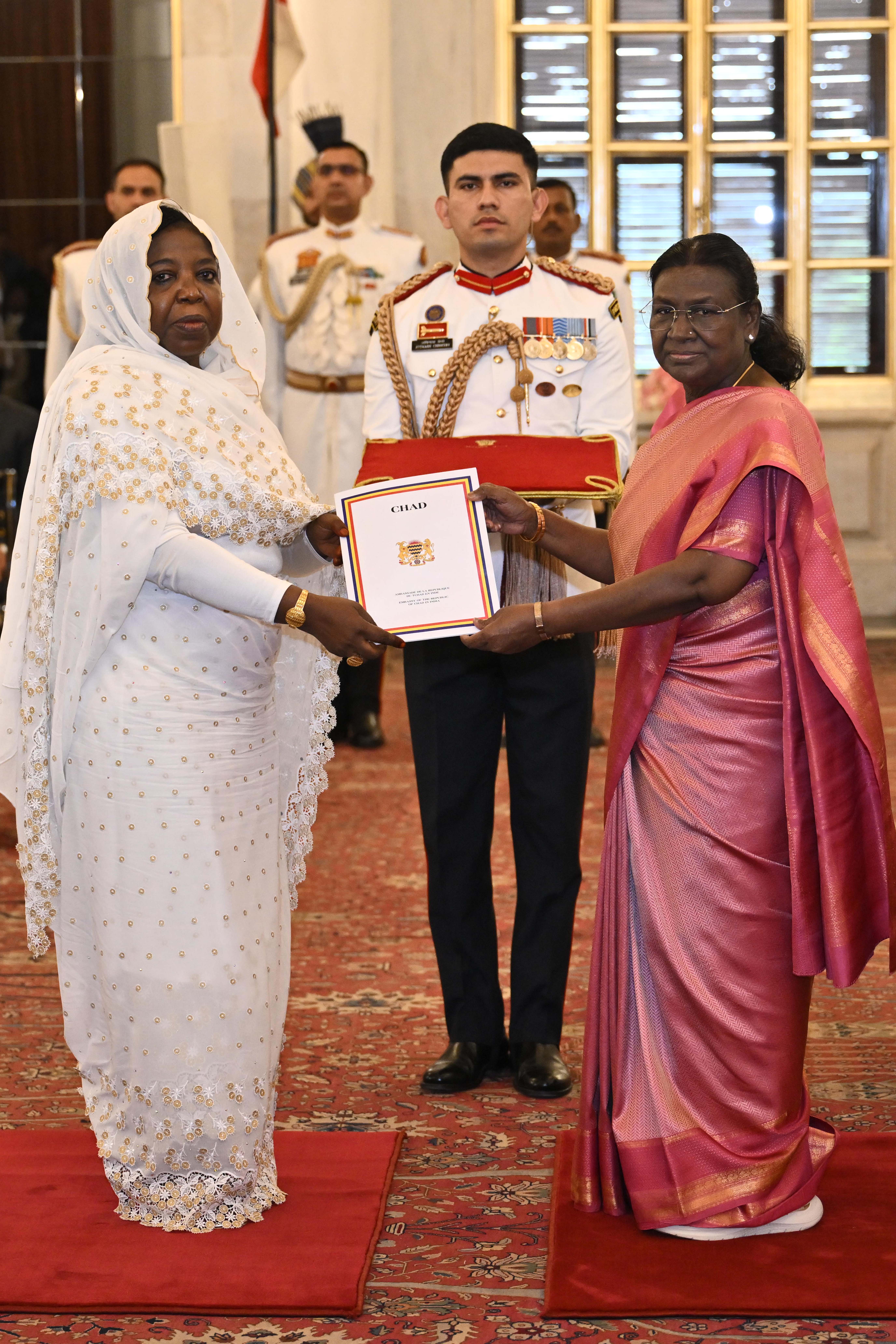 H.E. Mrs Ildjima Badda Mallot, Ambassador of the Republic of Chad presenting credentials to the President of India, Smt Droupadi Murmu at a ceremony held at Rashtrapati Bhavan on May 30, 2025.