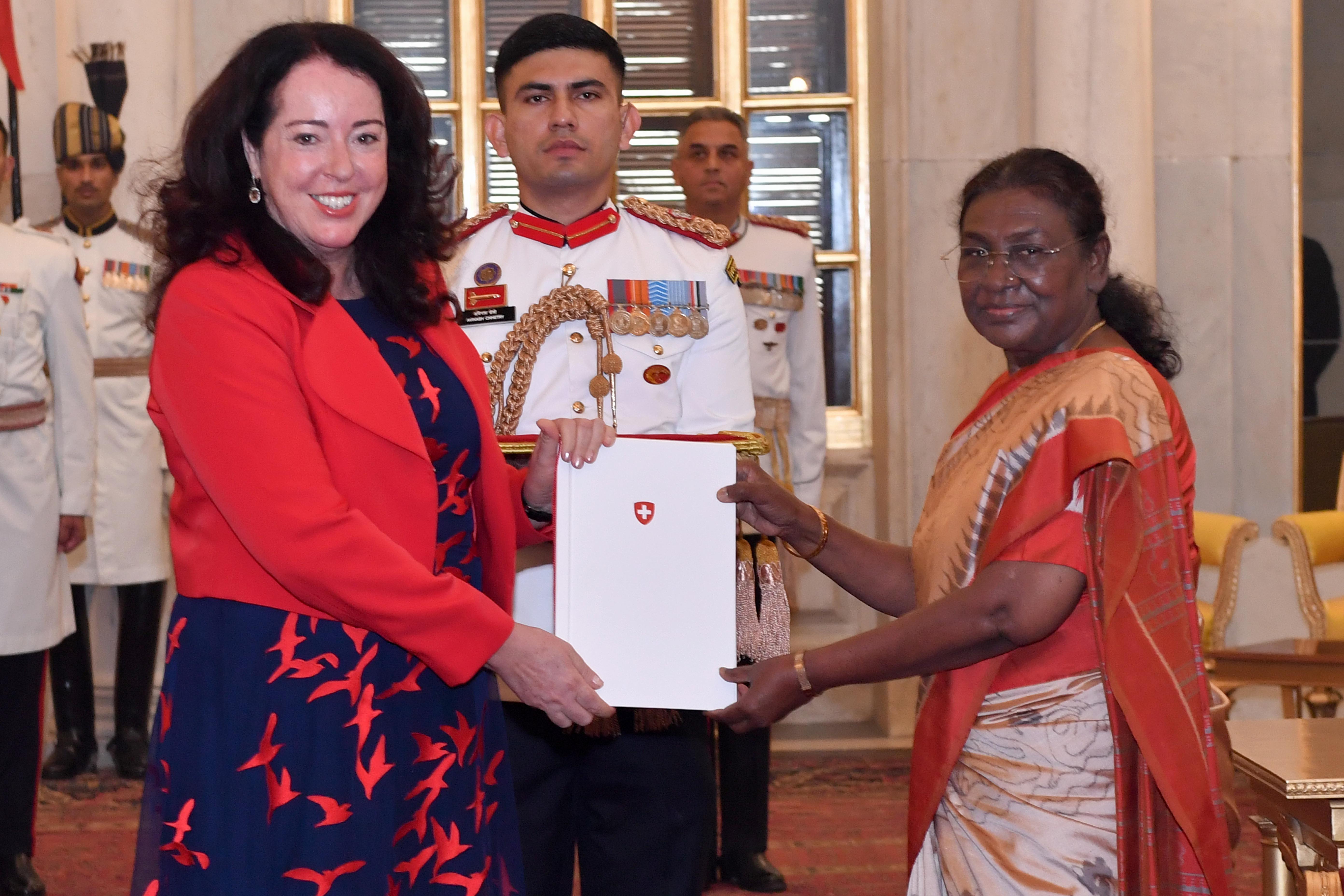 H.E. Mrs Maya Tissafi, Ambassador of Switzerland presenting credentials to the President of India, Smt Droupadi Murmu at a ceremony held at Rashtrapati Bhavan on November 18, 2024.