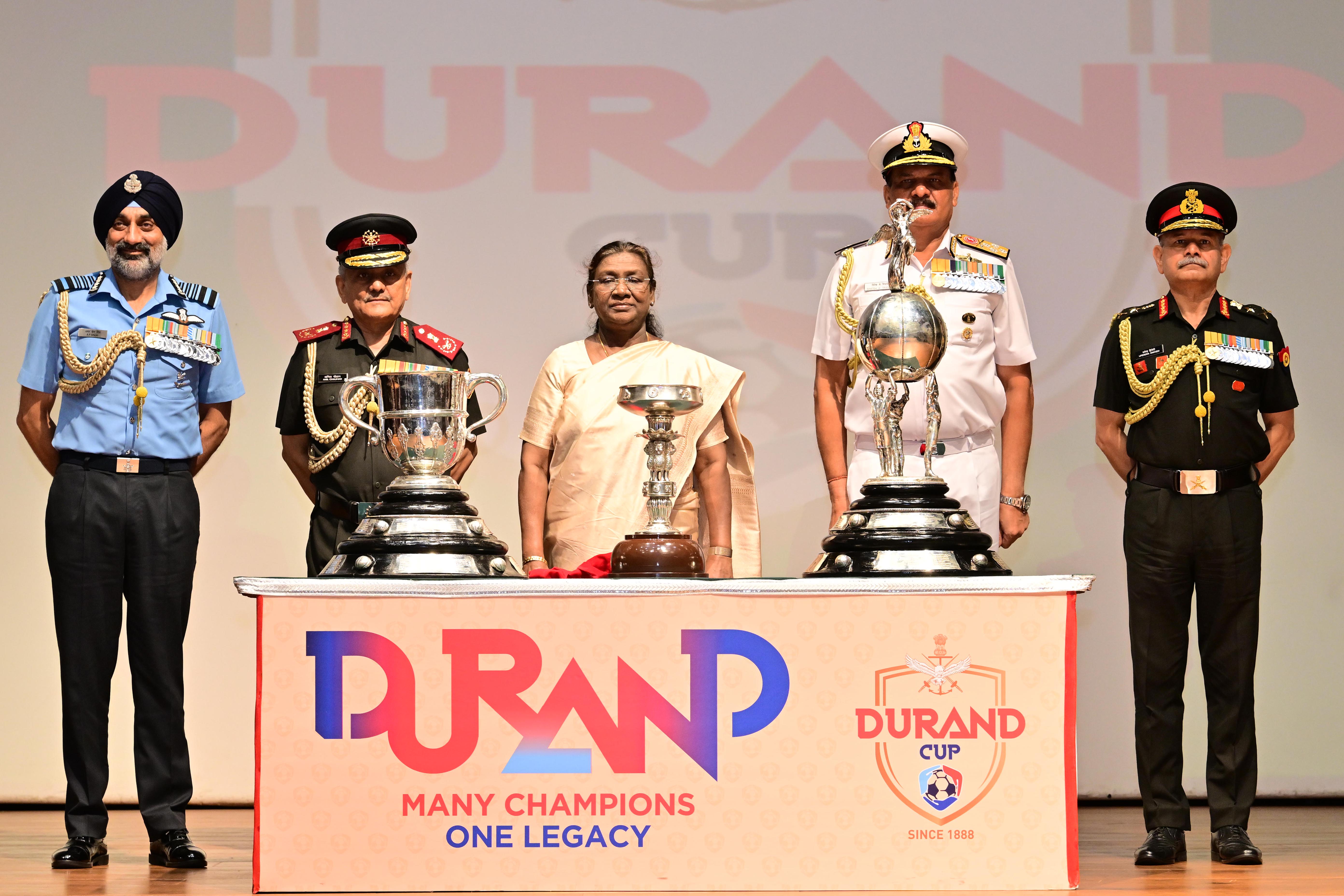 The President of India, Smt Droupadi Murmu unveiled and flagged off the Trophies of the Durand Cup Tournament 2025 at a function held at Rashtrapati Bhavan Cultural Centre on July 4, 2025.