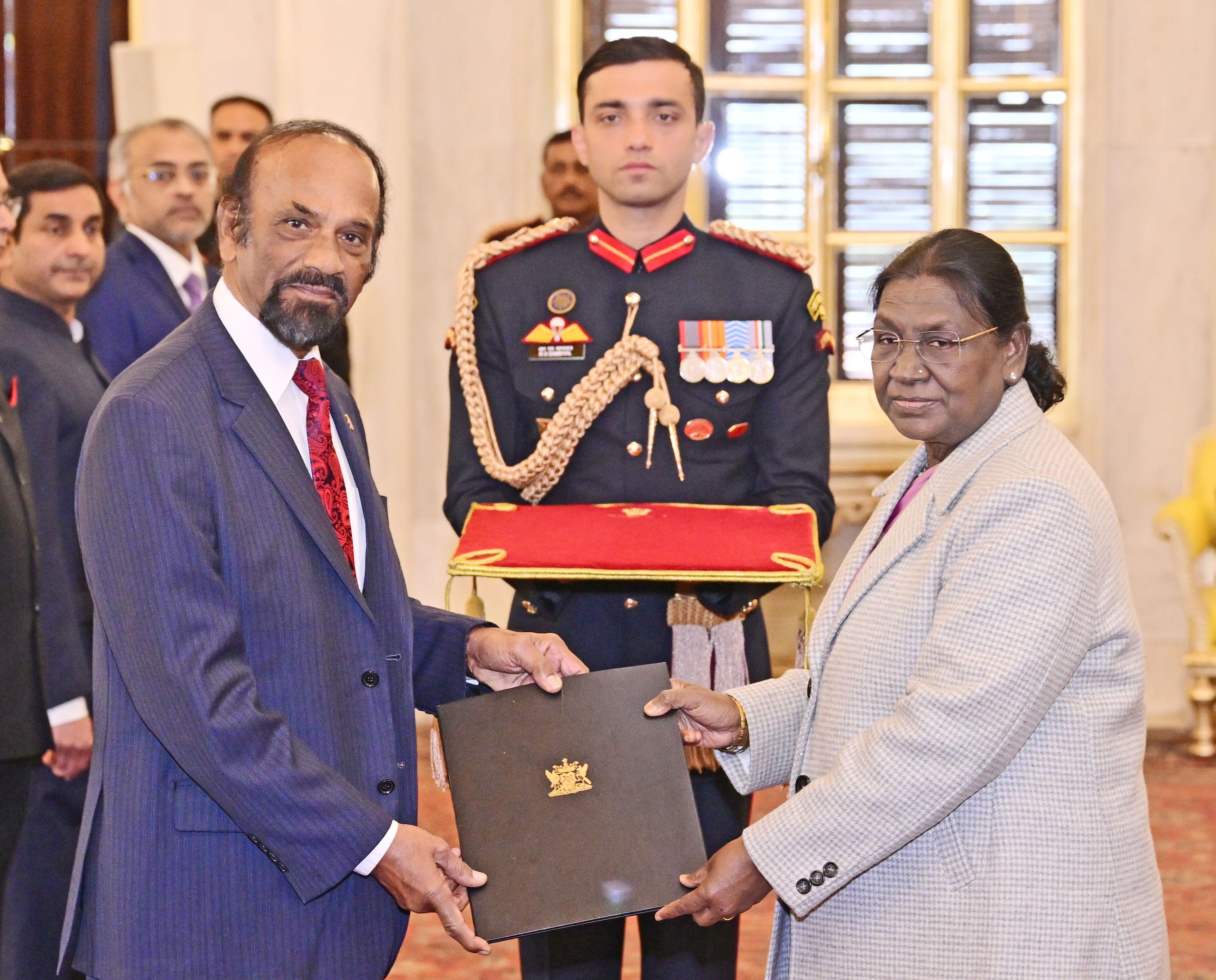 H.E. Mr Chandradath Singh, High Commissioner of the Republic of Trinidad and Tobago presenting credentials to the President of India, Smt Droupadi Murmu at a ceremony held at Rashtrapati Bhavan on January 14, 2026.