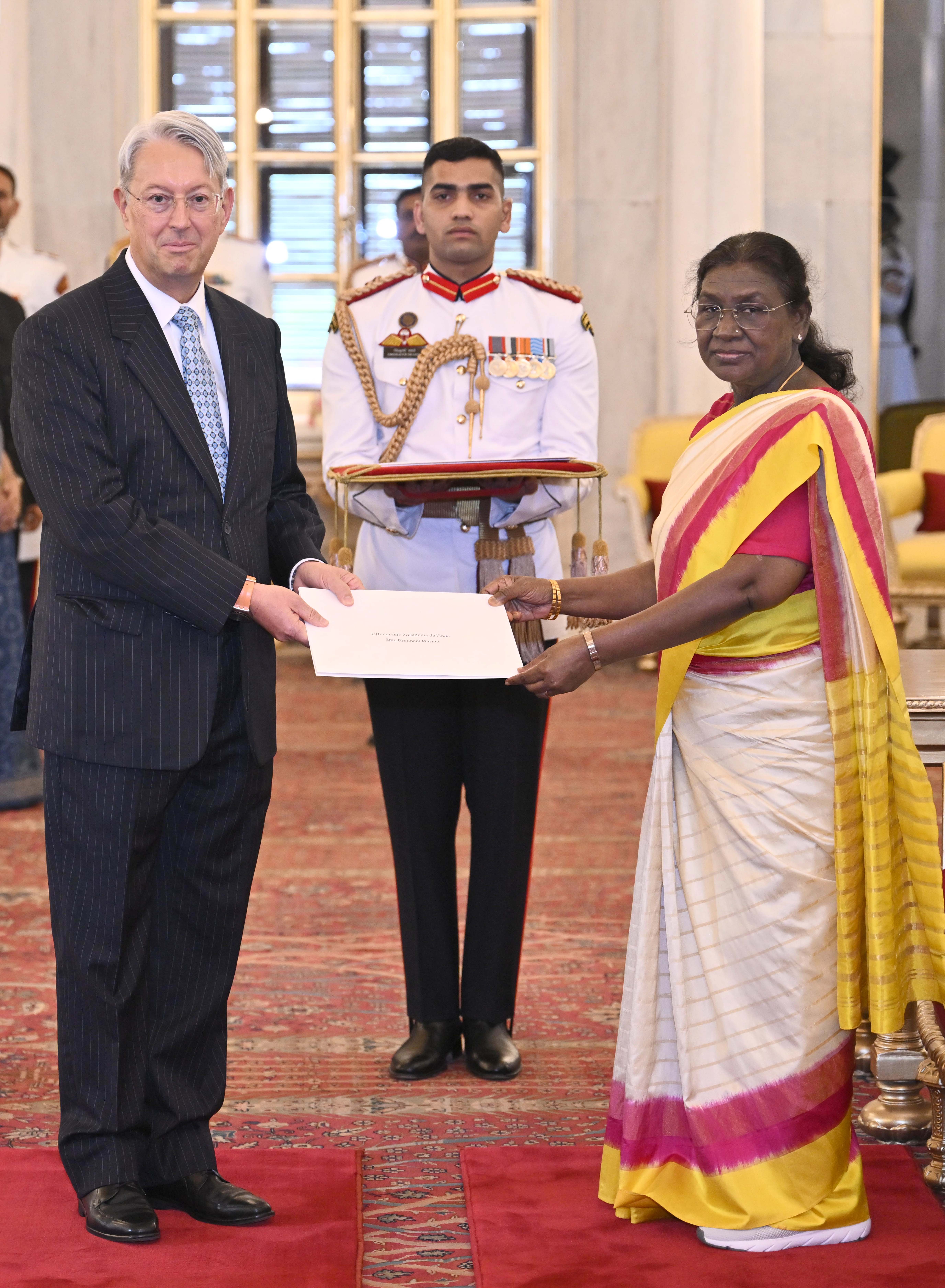 H.E. Mr Christian Biever, Ambassador of the Grand Duchy of Luxembourg presenting credentials to the President of India, Smt Droupadi Murmu at a ceremony held at Rashtrapati Bhavan on October 3, 2025.
