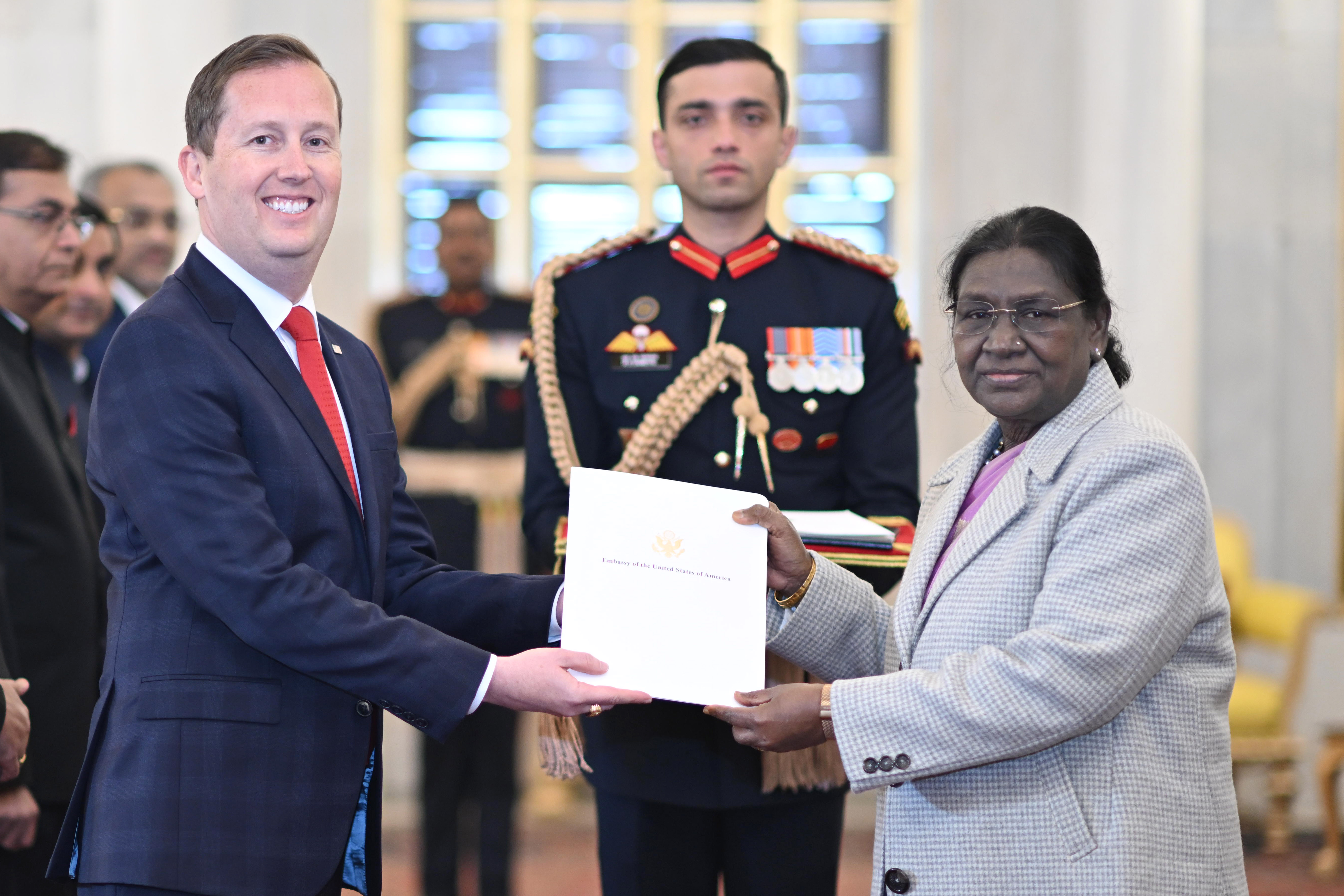 H.E. Mr Sergio Gor, Ambassador of the United States of America presenting credentials to the President of India, Smt Droupadi Murmu at a ceremony held at Rashtrapati Bhavan on January 14, 2026.