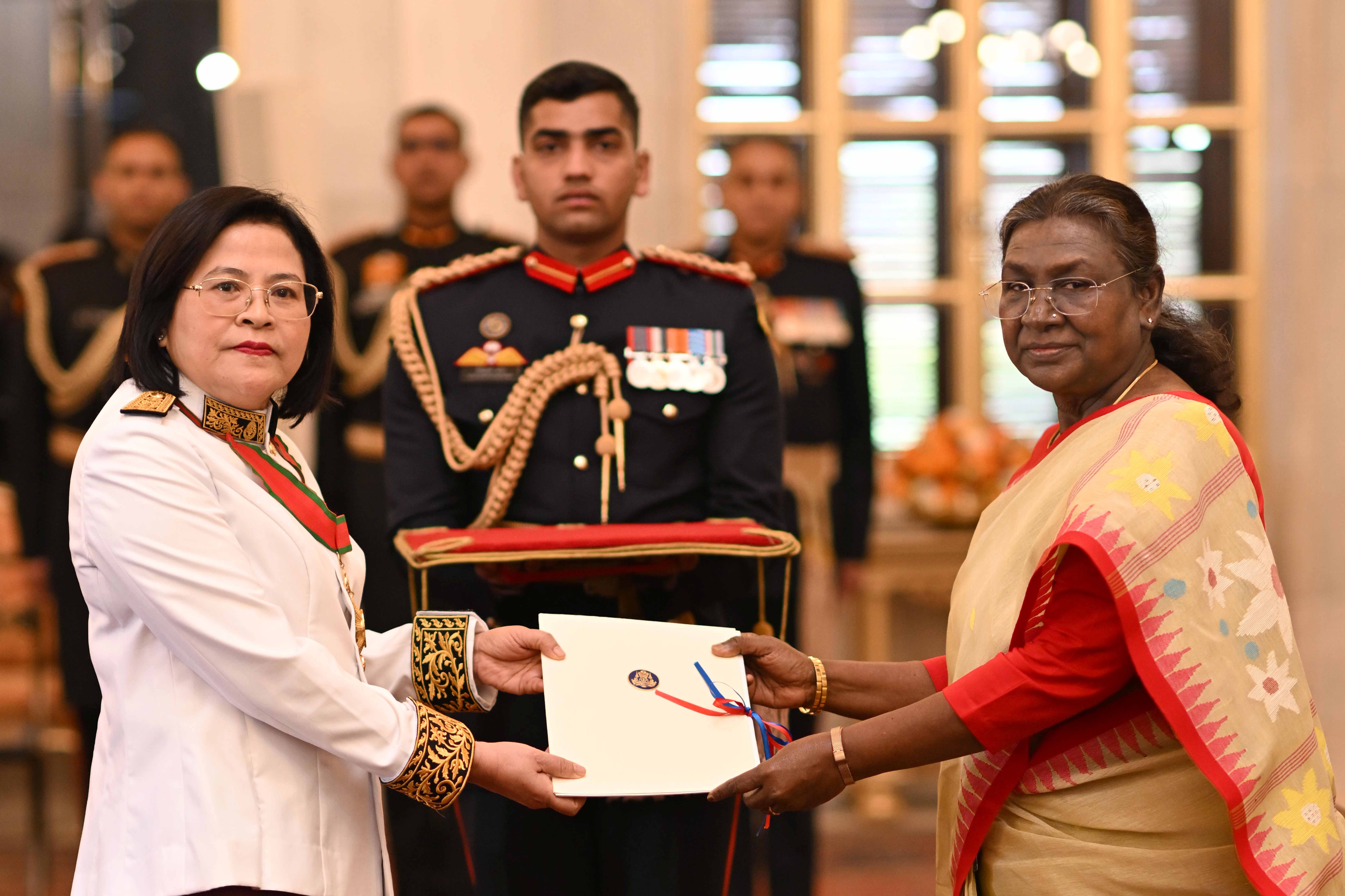 H.E. Ms Rath Many, Ambassador of Cambodia presenting credentials to the President of India, Smt Droupadi Murmu at a ceremony held at Rashtrapati Bhavan on February 17, 2025.