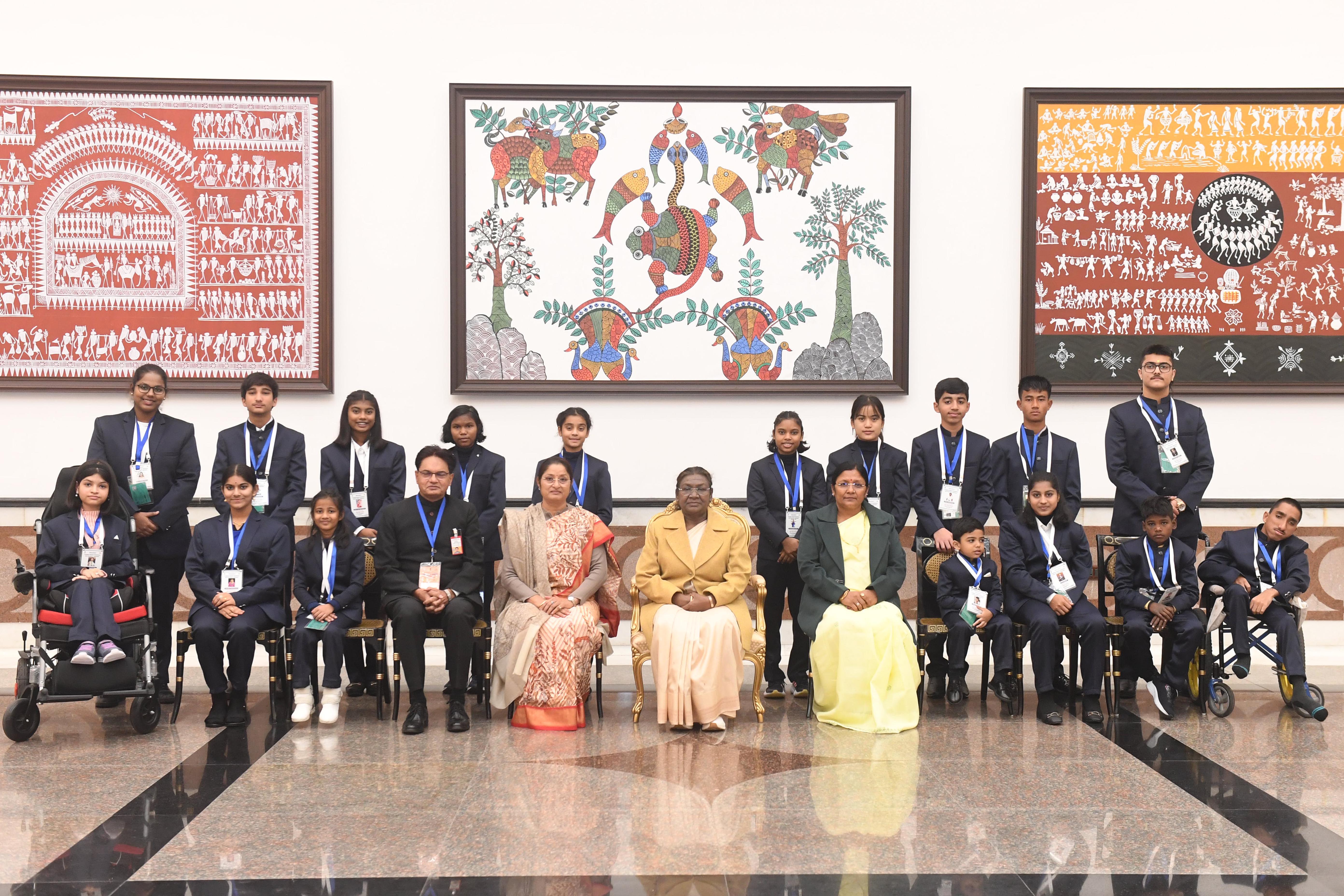 The President of India, Smt Droupadi Murmu conferred the Pradhan Mantri Rashtriya Bal Puraskar on 17 children, in seven categories, for their exceptional achievements at a ceremony held at Rashtrapati Bhavan Cultural Centre on December 26, 2024.