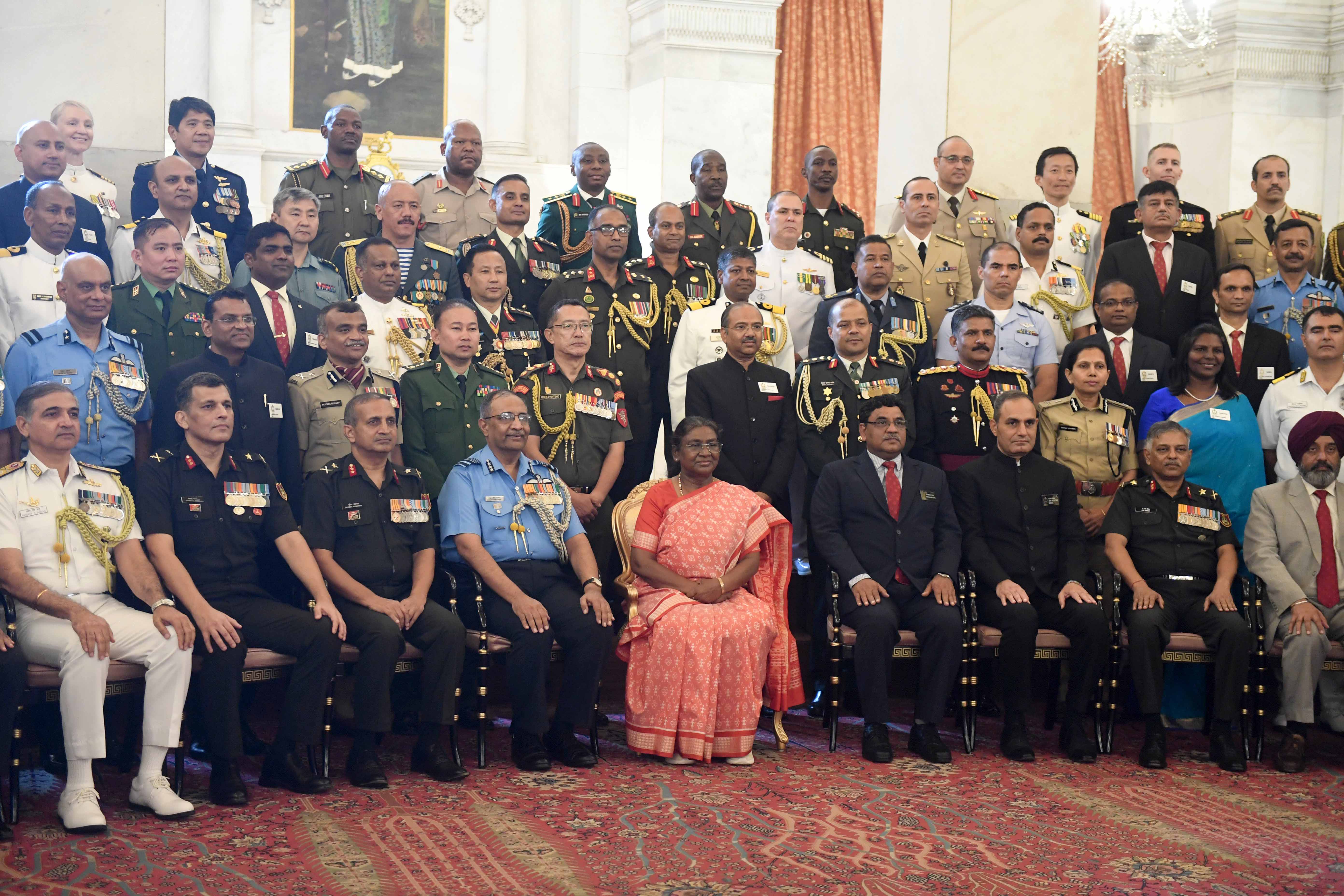 The faculty and course members of 64th National Defence College Course, called on the President of India, Smt Droupadi Murmu at Rashtrapati Bhavan on October 1, 2024.