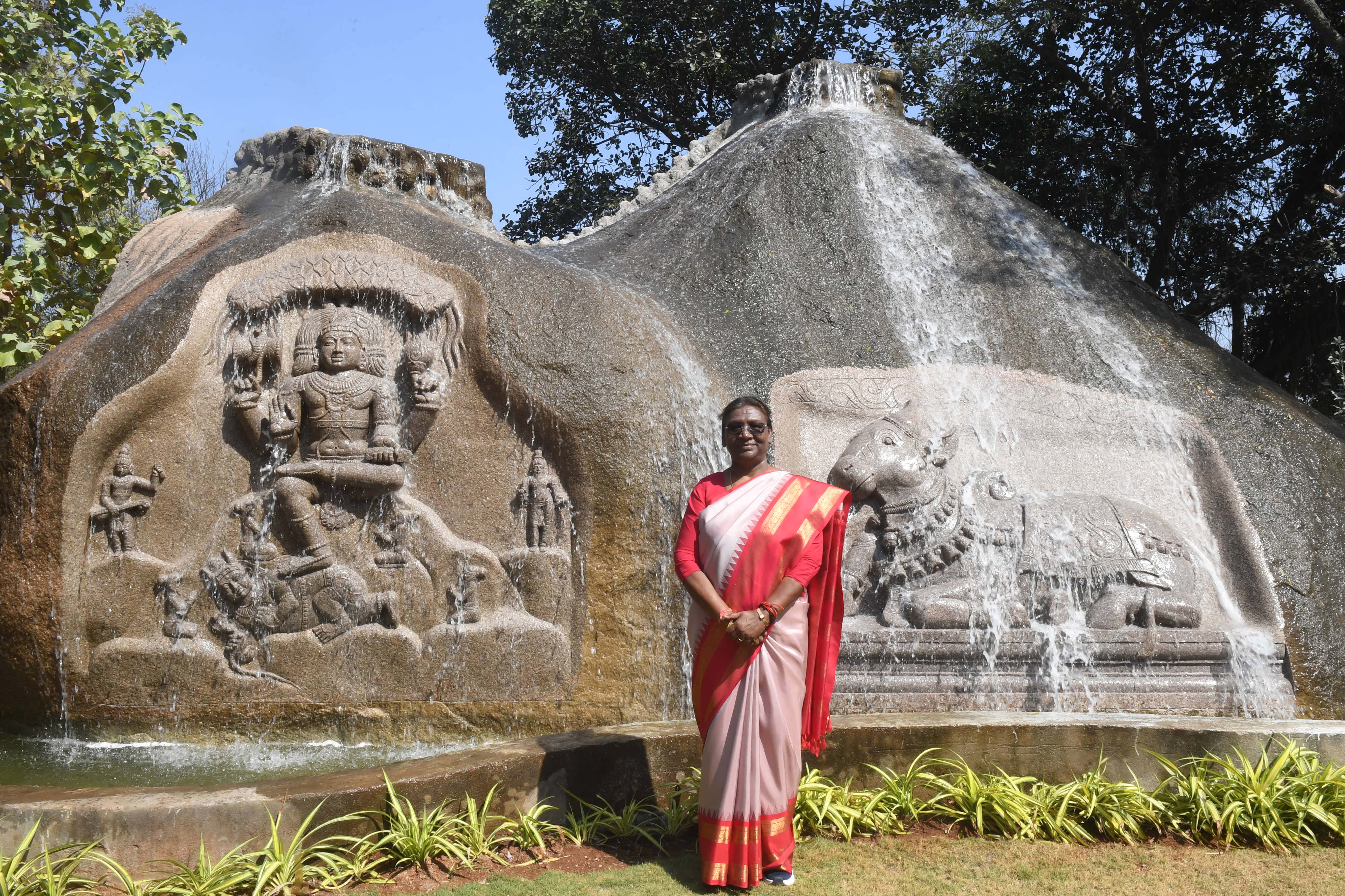 The President of India, Smt Droupadi Murmu inaugurated Shiva and Nandi sculptures on the rock water cascade at Rashtrapati Nilayam on December 21, 2023.
